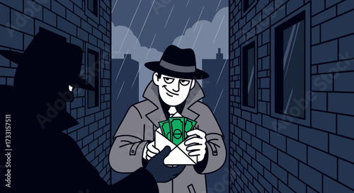 Shady money deal in a rainy alley. Illustration of a clandestine payment, bribery, or secret transaction between two mysterious figures.
