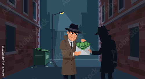 Clandestine money deal in dark alley. Man in trench coat hands cash envelope to shadowy figure under street lamp at night, illicit transaction.