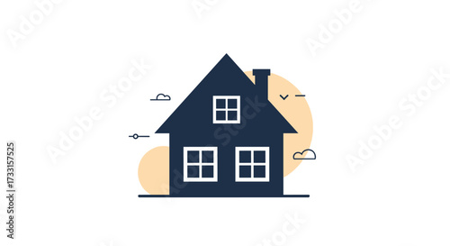 A simple illustration of a house with a chimney and windows.