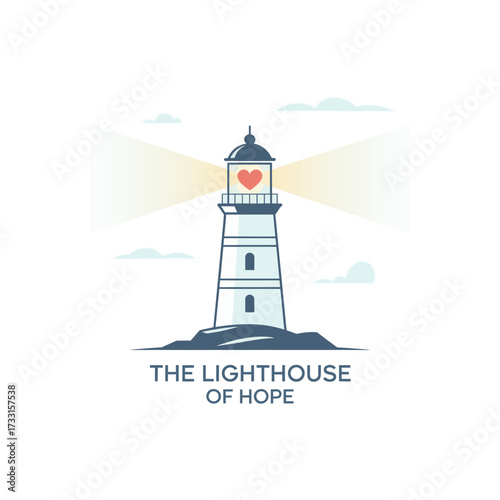 Coastal lighthouse illustration, guiding light beams, beacon of hope theme, safety navigation concept, maritime logo design, vector