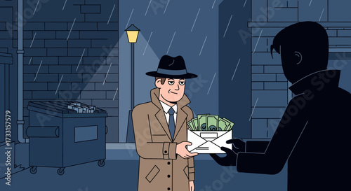 Clandestine money exchange in a dark alley. Man in trench coat hands cash to shadowy figure, depicting bribery, espionage, or illegal deal.