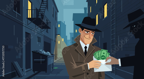 Shady money deal in dark alley. Man in trench coat gives cash to mysterious figure, suggesting bribe or illicit transaction.