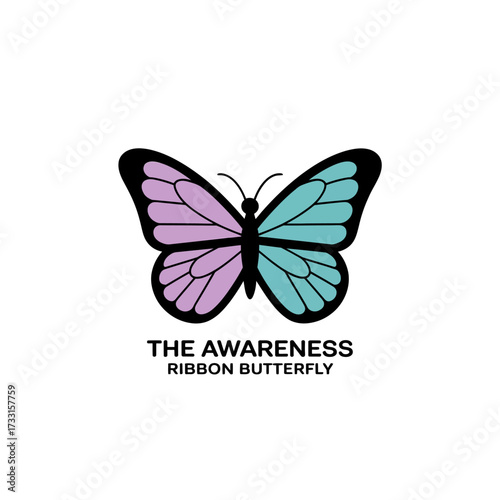 Awareness ribbon butterfly logo, gradient teal purple wings, hope and support theme, cause awareness symbol, modern vector graphic