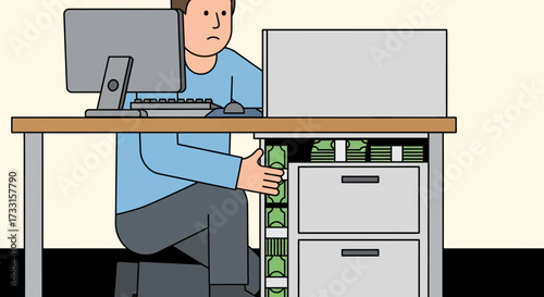 Man secretly storing stacks of cash in office filing cabinet. Hidden wealth, financial secrecy, and secret savings concept.