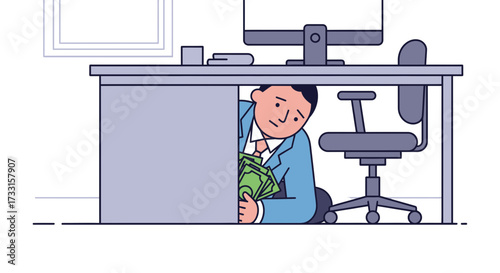 Cartoon illustration of a man hiding under a desk, clutching a wad of cash, looking worried.