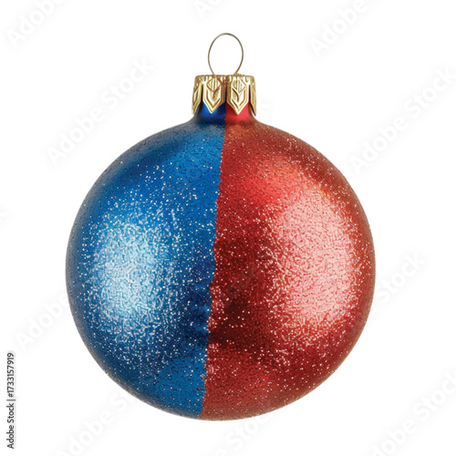 Festive Christmas ornament with glittery red and blue halves hangs ready for holiday decorating