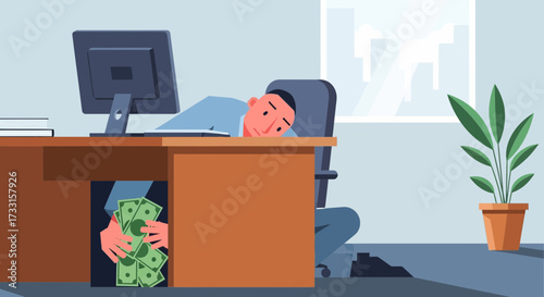 A cartoon man rests his head on his desk while hiding a stack of cash under it.