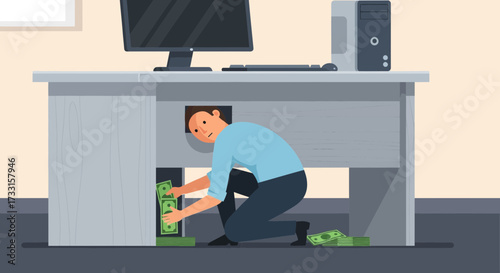 A man is hiding stacks of green paper money inside a desk, looking anxiously out from the opening.