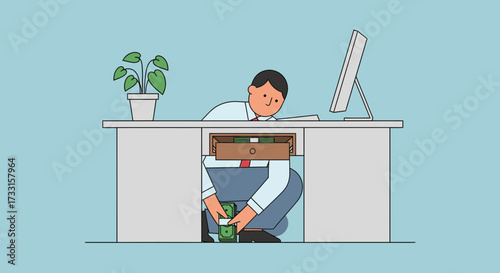 Office worker secretly stashing cash in desk drawer. Financial misconduct, hidden money, or secret savings concept illustration.