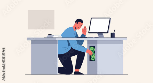 A man secretly reaching for money hidden inside a desk drawer in an office.