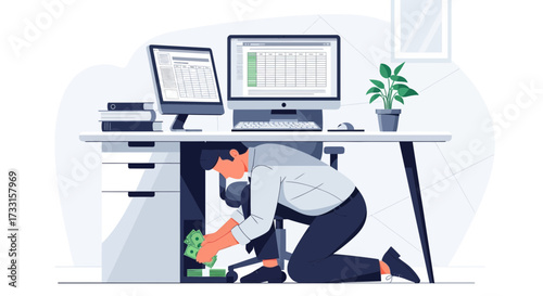 A man is reaching for money under his desk in an office setting with computers and a plant.