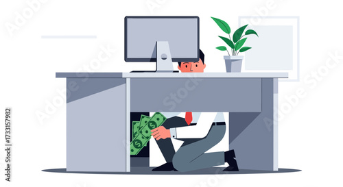 Businessman hiding under desk, clutching money, in a stressed office environment.