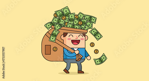 A happy cartoon man carries a large sack overflowing with money and coins on his back.