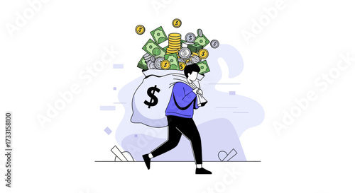 Man carrying a large sack of money, symbolizing financial success, wealth, profit, and income. Flat vector illustration.