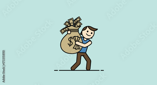 A cheerful person carrying a large, overflowing bag of money, smiling happily.