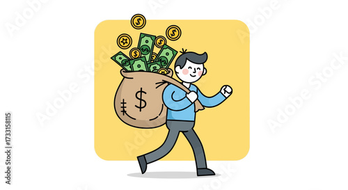 A cartoon man happily carries a large sack filled with money and coins over his shoulder.