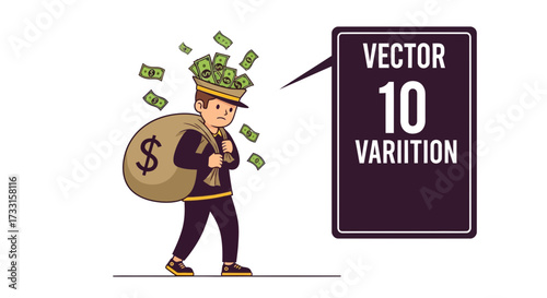 Cartoon Man with Money Bag & Overflowing Cash. Financial Success, Wealth, Abundance, Rich Lifestyle Vector Illustration.