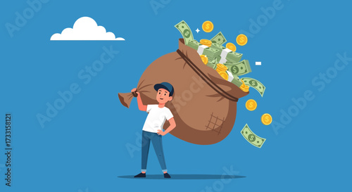 A young man holding a large bag overflowing with money and coins against a blue background.