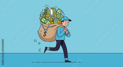 Happy man running with a giant sack of money. Financial success, wealth, abundance, and prosperity concept. Flat vector illustration.