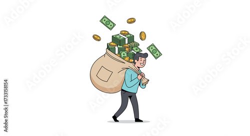 Cartoon man carrying a big sack of money, symbolizing financial success, wealth, abundance, profit, and income concept