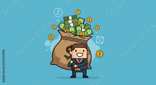 Cartoon businessman holding a money bag with currency overflowing and floating around him.
