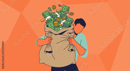 Person carrying a huge bag of cash and coins, symbolizing financial abundance, wealth, prosperity, and success.