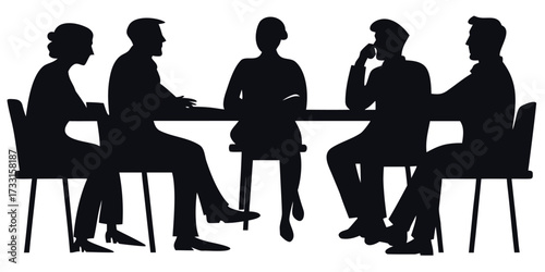 Job interview and business meeting silhouettes vector – coworkers sitting at table in conference or discussion scene illustration  
