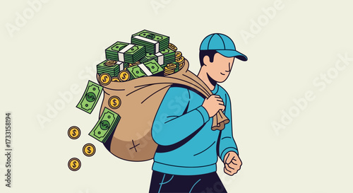Man carrying a large sack of money with banknotes and coins. Concept of wealth, profit, financial gain, and abundance.