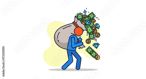 Character carrying overflowing sack of money, cash, coins, and diamonds. Wealth, profit, financial gain, and success concept illustration.