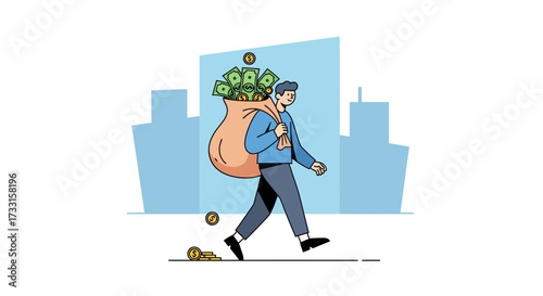 Man carrying overflowing money bag, coins dropping. Wealth, financial gain, and potential loss concept in a city.