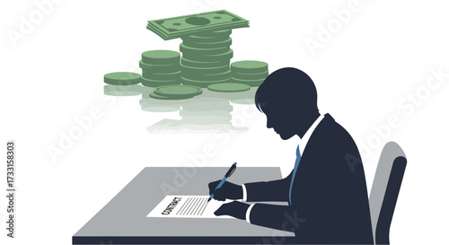 Businessman signing contract, thinking about money. Financial agreement, investment, or deal concept.