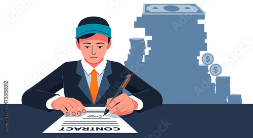Businessman signing a contract, with stacks of money symbolizing a financial deal, investment, or profit. Flat vector illustration.