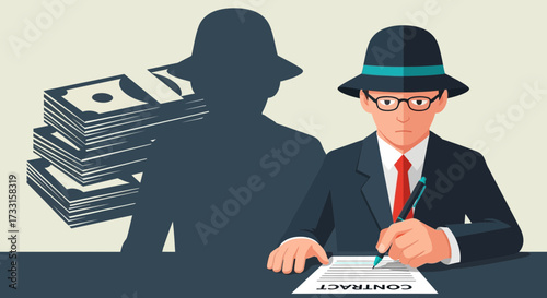 Shady Business Deal: Man in fedora signs contract with shadow revealing hidden money, symbolizing corruption and illicit finance.