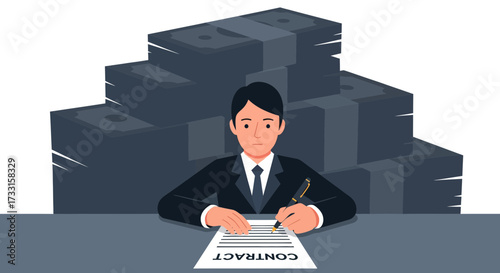 Businessman signing contract with money stacks, symbolizing a lucrative deal, financial agreement, investment, or successful negotiation.
