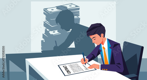 Businessman signing document, shadow depicts money and financial gain, illustrating ambition and profit in a corporate deal
