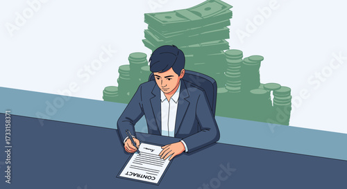 Businessman signing a contract with stacks of money in the background, symbolizing financial agreement, profit, and successful deal.
