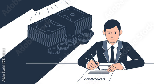 Businessman signing financial contract with money. Shadowed stacks of cash and coins representing financial agreement, transaction, investment, or ...