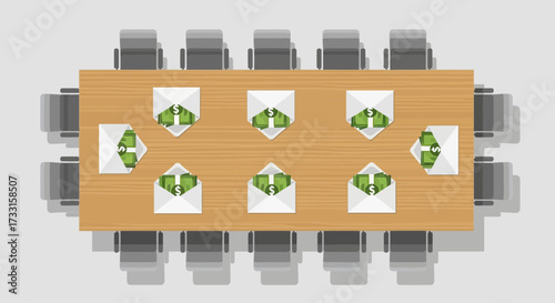 Top view of a conference table with envelopes containing cash, symbolizing business deals, bonuses, or illicit payments.