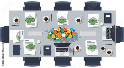 Top view of a conference table set for a business meeting, featuring cash in envelopes, documents, laptop, and coffee. Financial deal concept.
