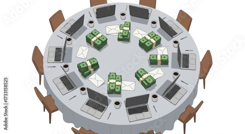Overhead view of a round table surrounded by laptops, envelopes, and stacks of money, suggesting a business meeting or transaction.