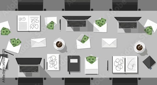 Overhead view of a long office table with laptops, coffee, and envelopes containing money.