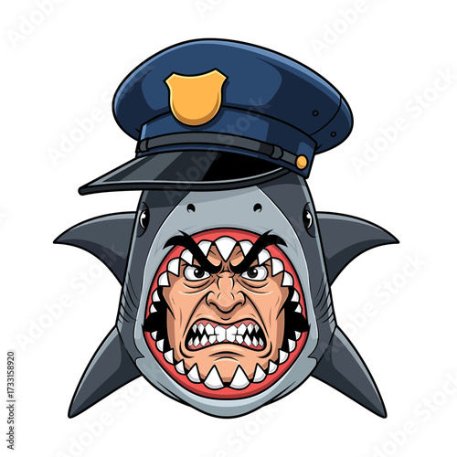 Angry Cartoon Shark Cop with Human Face and Police Hat Illustration