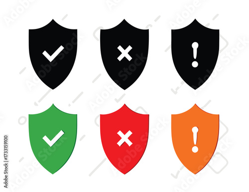 Security shield icons set with check mark, cross, plus and exclamation symbols, protection and safety badges in modern flat vector design for secure interface and antivirus concepts 