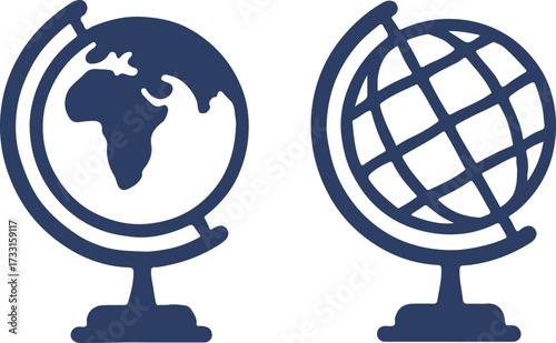 Two blue globes one showing continents one showing grid on white background world earth