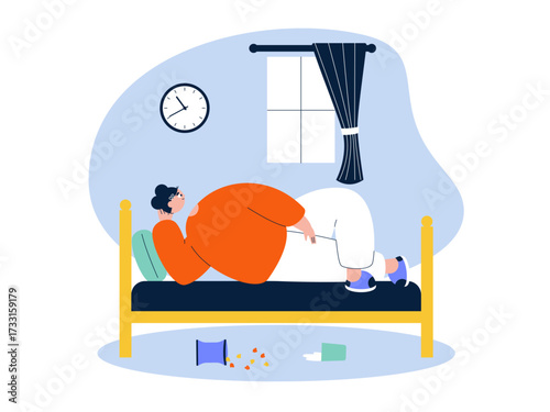 Young woman lying on bed. Laziness illustration. Flat vector illustration.