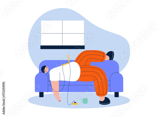 Man lying on sofa listening to music on laptop. Laziness illustration. Flat vector illustration.