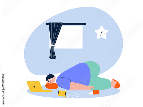 Lazy boy working with laptop on the floor. Laziness illustration. Flat vector illustration.