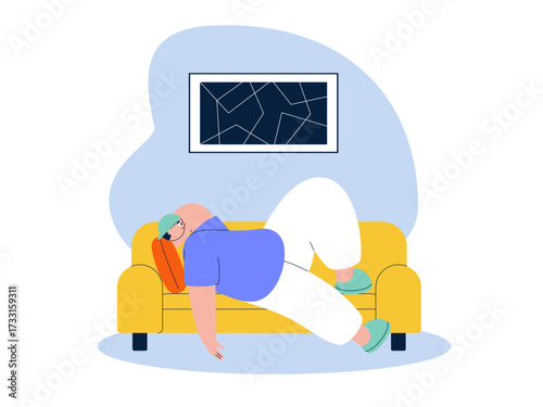 Lazy boy lying on the sofa. Laziness illustration. Flat vector illustration.