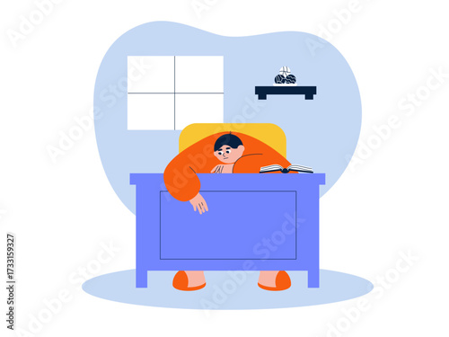 Lazy businessman sitting at office desk. Laziness illustration. Flat vector illustration.
