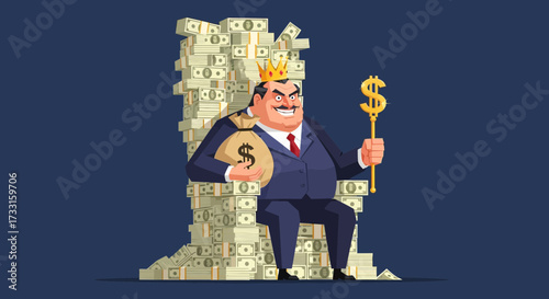 A wealthy businessman wearing a crown sits on a throne made of money, holding a money bag and dollar symbol.